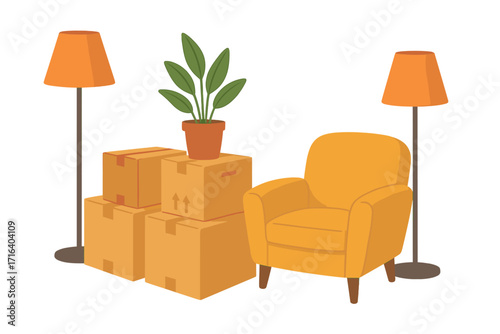 Moving to New Home Concept with Packed Cardboard Boxes, Green Plant, Cozy Armchair, and Modern Floor Lamps, Relocation and Removal Services Illustration, Home Furniture Transport Scene