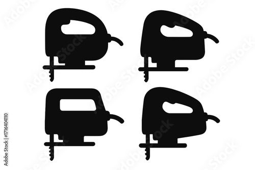 Jigsaw power saw vector icon set. Carpentry and woodworking tool silhouette collection. Minimalist graphic symbol for construction or repair work. Electric fretsaw equipment.