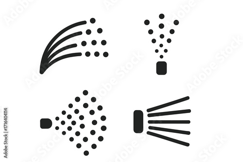 Water spray icons set, black spray water symbols collection, vector cartoon illustration with transparent background, isolated spray nozzle designs for user interface and graphic projects