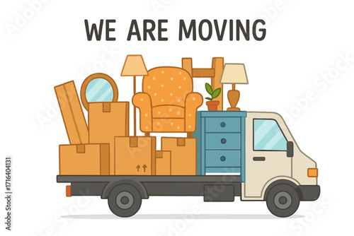We are moving lettering with truck full of assorted furniture, cardboard boxes, armchair, lamps, mirror, and drawer, concept of moving to new house, relocation, home transition banner
