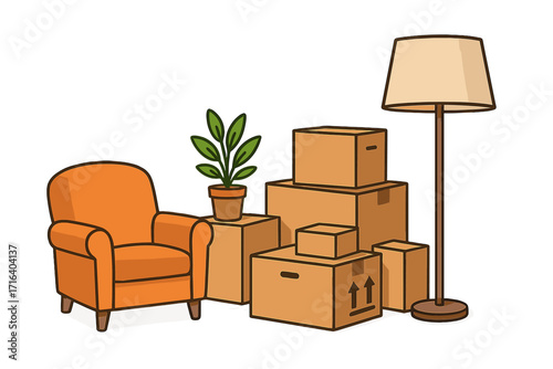 Moving to new house concept with packed cardboard boxes, home furniture including armchair, floor lamp and potted plant, relocation and transport services, removal company concept