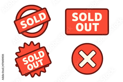 Set of red sold out badges and sale stickers, bold vector cartoon illustrations with transparent background, marketing labels, sales promotion, retail empty stock signs