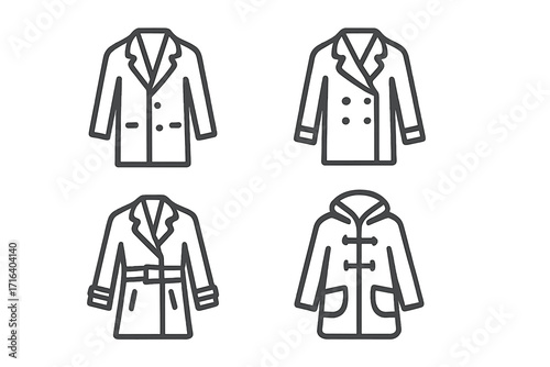 Set of coat line icons. Minimalist vector illustration of winter and autumn outerwear. Fashion apparel symbols collection. Includes trench, duffle, pea coat, and jacket.