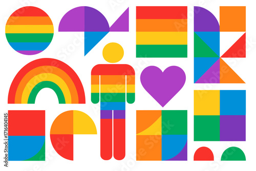 Geometric Bauhaus style Pride Month vector icons. Colorful abstract pattern with rainbow flag colors for LGBTQ community celebration. Simple shapes, figure and heart.