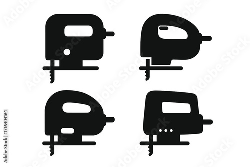 Set of jigsaw power tool silhouettes. Vector icons of electric saws for woodworking and carpentry. Minimalist black illustration of cutting equipment for DIY projects or workshop.