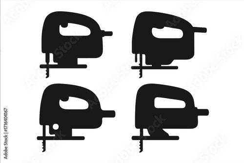 Jigsaw power tool silhouette icon set. Vector collection of black minimalist electric saws for woodworking, carpentry, and construction. DIY equipment symbol illustrations.