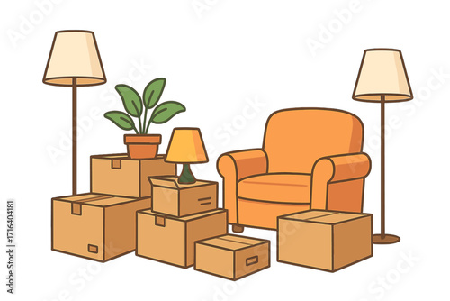 Moving to new home concept with packed cardboard boxes, orange armchair, green potted plant, floor lamps, relocation and removal services illustration banner
