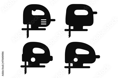 Jigsaw power saw black silhouette icon set. Minimalist vector graphic collection for carpentry, woodworking, and construction. Electric fretsaw tool for DIY projects.