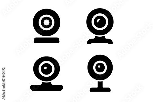 Webcam icon set vector silhouette. Minimalist camera pictograms for video conference, online meeting, chat, streaming. Digital device icons for web, computer, broadcast.