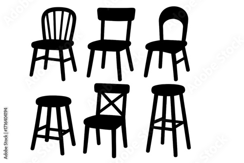 Set of six black silhouette chairs and stools. Vector illustration collection of furniture for home interior design. Isolated cartoon icons of seating, including bar stool and classic dining chairs.