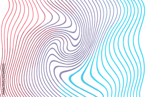Geometrical cyberpunk background with optical illusion effect. Minimal psychedelic cover page design. Distorted neon wave lines background. Fluid warped stripes vector art.