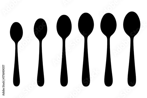 Set of six black spoon silhouettes on a white background. Vector illustration of an ordered cutlery collection. Kitchenware, tableware, and eating utensils icon set.