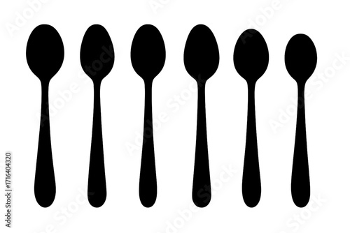Set of six black spoon silhouettes isolated on white. Kitchen utensil icon collection. Vector graphic for cooking, food, and dining concepts. Minimalist cutlery design.