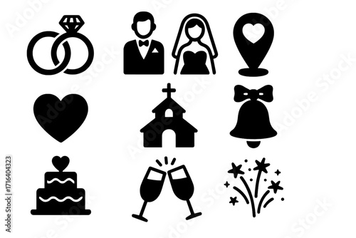 Wedding icons set with rings, bride and groom couple, heart location pin, church, celebration cake, clinking glasses, bell decoration, and fireworks silhouette vector illustrations