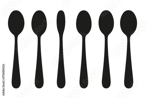 Spoon silhouette collection. Set of six black kitchen utensil icons for eating and cooking concepts. Minimalist vector illustration of cutlery isolated on white background.