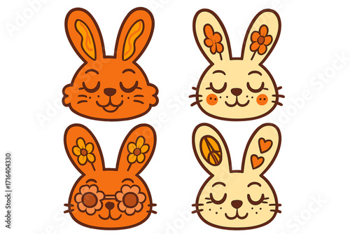 Groovy hippie Happy Easter characters. Set of Easter bunnies muzzles in trendy retro 60s 70s style. Rabbits heads collection with cute eyes, peace signs and flowers.