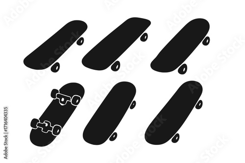 Set of six black skateboard silhouettes. Vector icon collection for urban street sports. Extreme skate culture graphic design elements. Deck and wheels isolated illustration.