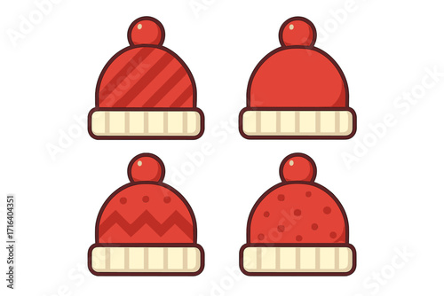 Red winter hat set with pom-poms, flat style vector illustration of cozy warm beanies, striped, zigzag, and polka dot patterns, cartoon knit caps bundle for cold weather, transparent background