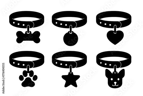 Dog collar silhouette vector icon set. Pet collars with name tags. Collection includes bone, paw, heart, star and dog face charms. Pet shop accessory graphics for design.