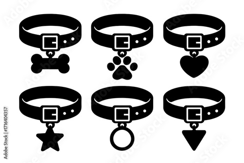 Collection of dog collars with tags. Set of six pet accessory icons. Vector silhouette of animal neck belt with buckle and charms: bone, paw print, heart, and star.