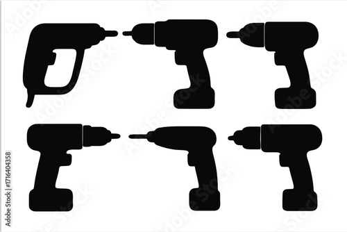 Drill silhouettes vector set. Six power tool icons for industrial, construction, and DIY projects. Handyman equipment for repair, renovation, carpentry, and building work.