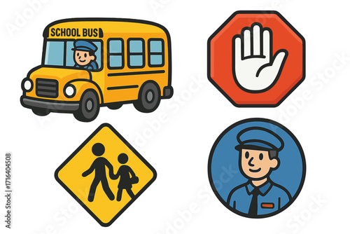 School bus safety vector icon set. Cartoon of driver, yellow bus, stop sign, pedestrian crossing symbol. Back to school transportation and road traffic safety concept.