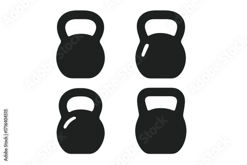 Set of kettlebell vector icons. Gym equipment silhouette for fitness workout. Simple black weight pictogram for strength training. Heavy athletics symbol collection for design.