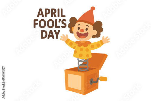 April Fool's Day greeting with a Jack in the box. Funny clown springing out of a surprise toy box for a prank or joke. Flat cartoon vector for holiday celebration.