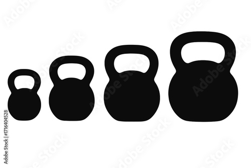 Set of kettlebell silhouette icons. Different weight sizes for progression. Heavy cast iron weight for gym workout, fitness, strength training, crossfit and bodybuilding.