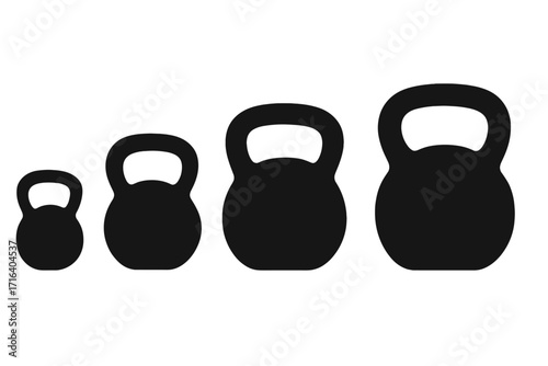Set of black kettlebell silhouettes in different sizes. Vector icon collection for fitness, gym, and workout concepts. Strength training and exercise equipment progression.