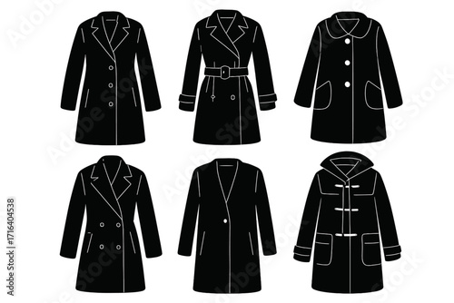 Set of six black coat silhouettes. Woman's autumn winter outerwear collection. Fashion vector illustration. Different styles of clothing, trench, duffle coat icons.
