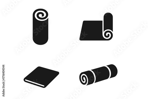 Yoga mat icon set. Minimalist black vector silhouettes for graphic design. Rolled, unrolled, and folded fitness equipment for exercise, pilates, and gym. Wellness symbol.