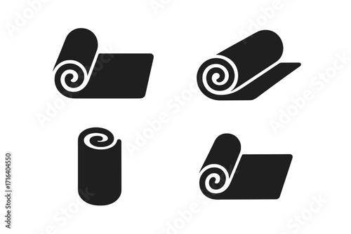 Set of yoga mat icons for fitness, exercise, and pilates. Minimalist black silhouette design. Simple rolled carpet symbol. Wellness and sports equipment graphic. Gym workout vector element collection.