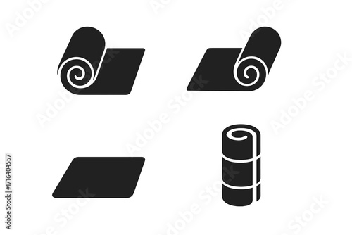 Set of yoga mat icons in minimalist black design. Vector illustration of rolled and unrolled fitness equipment. Sports, pilates, exercise mat pictogram for gym and studio.