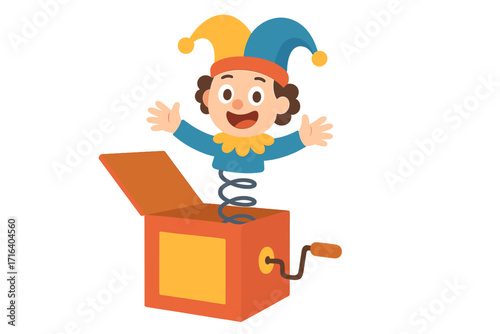 Jack in the box springing out. April Fool's Day surprise. Jester character popping from a gift box. Funny toy clown on a spring. Flat vector cartoon illustration.