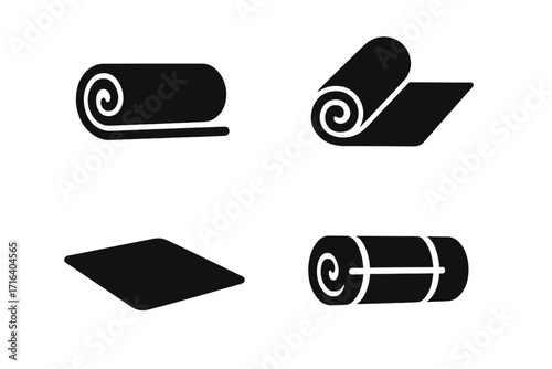 Yoga mat icon set. Minimalist black vector silhouettes for fitness and exercise. Rolled, unrolled, and strapped mat graphics for gym, sport, pilates, and wellness concepts.