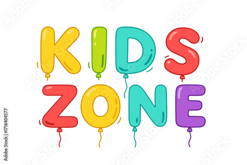 Kids Zone lettering quote made of colorful helium balloon letters. Fun cartoon typography for children's party, playroom decor. Vector alphabet for celebration and event design.