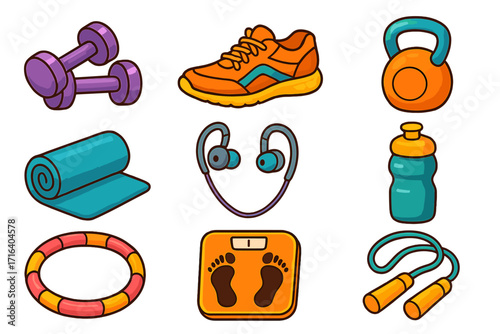 Fitness equipment icon set for gym workout. Sports gear for exercise enthusiasts. Vector cartoon collection with dumbbell, sneaker, kettlebell, yoga mat, scale, and more.