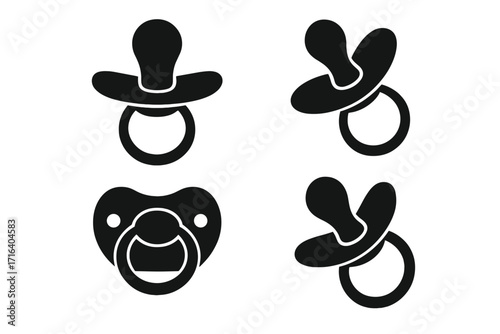 Baby pacifier silhouette set. Vector icon collection for newborn, infant care. Minimalistic design for nursery decor, baby shower invitation, or web icon. Soother, dummy symbol.