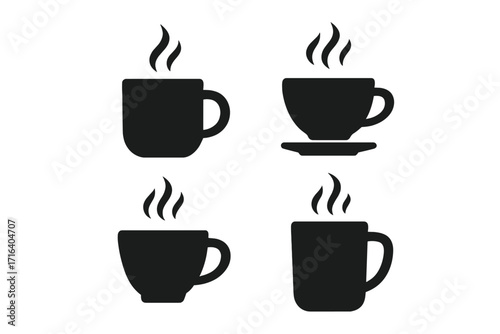 Set of coffee cup and mug icons. Black silhouette collection of hot drinks like tea, espresso, cappuccino. Minimalist flat vector graphic for cafe menu, morning beverage.