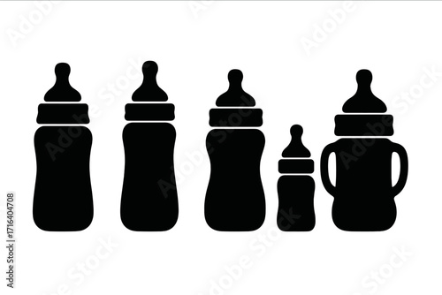 Set of black baby bottle silhouettes in various shapes. Collection of infant feeding bottle icons for newborn nutrition, childcare, and baby shower concepts. Vector illustration.