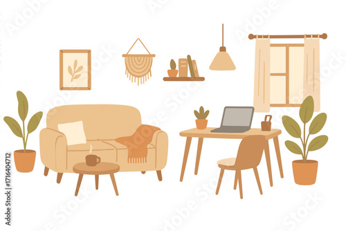 Hygge home office and living room interior set. Cozy Scandinavian furniture with sofa, desk, laptop for remote work. Vector illustration concept for modern freelance lifestyle.
