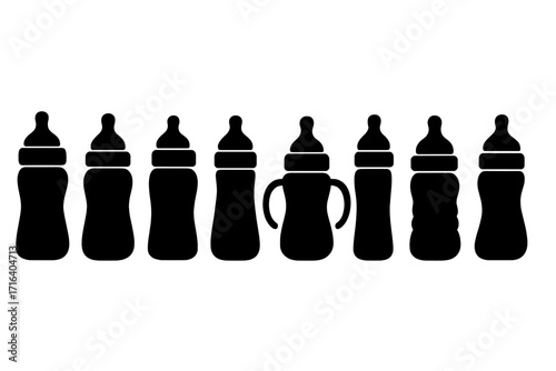 Baby bottle silhouette vector collection. Set of various shapes and designs for newborn feeding. Infant milk container icons. Toddler care and nutrition symbols. Simple pictogram pack.