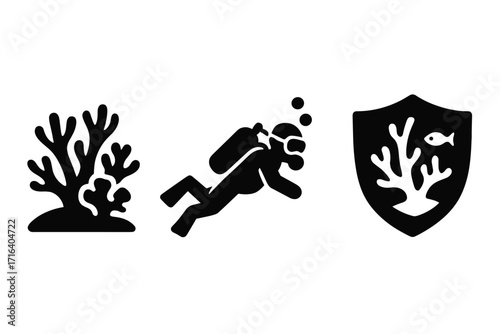 Marine conservation icon set. Coral reef and ocean life protection symbols. Scuba diving, fish and underwater ecosystem silhouette. Vector for environmental awareness.