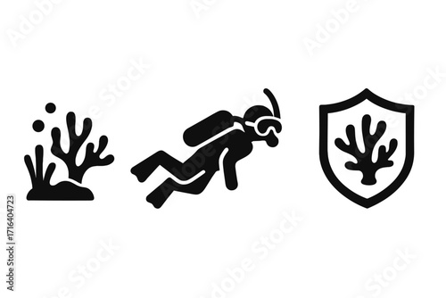 Marine conservation icon set with coral reef and scuba diver silhouette. Ocean life protection and ecology symbol. Underwater nature preserve shield. Vector illustration.