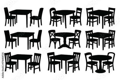 Dining table and chairs silhouette collection. Vector furniture for home interior and decor. Kitchen, restaurant, and cafe household elements. Isolated black icon set.
