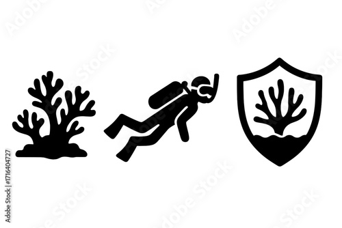 Marine conservation icon set with coral reefs, scuba diver, and protection shield. Vector symbols for underwater life, ocean ecology, and environmental preservation.