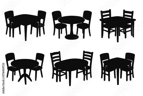 Collection of dining table and chair sets silhouettes. Vector illustration for home decor, kitchen or restaurant furniture. Interior design graphic element icon set.