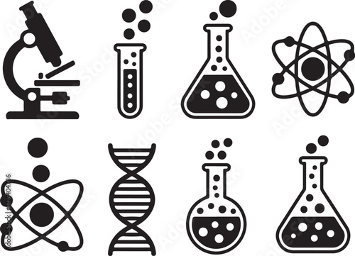 Science icons microscope DNA atom flasks research discovery
