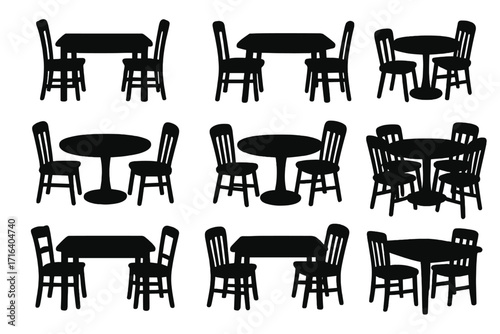 Dining table and chairs silhouette collection. Vector icon set of kitchen furniture for home decor and interior design. Black graphic illustration of isolated dinner furniture.